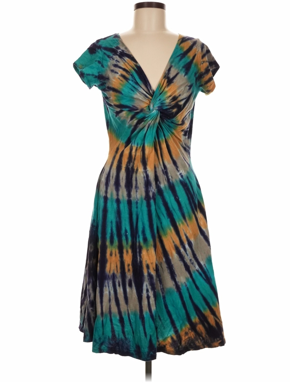 Tie-Dye Twist-Front V-Neck Dress in Teal & Mustard